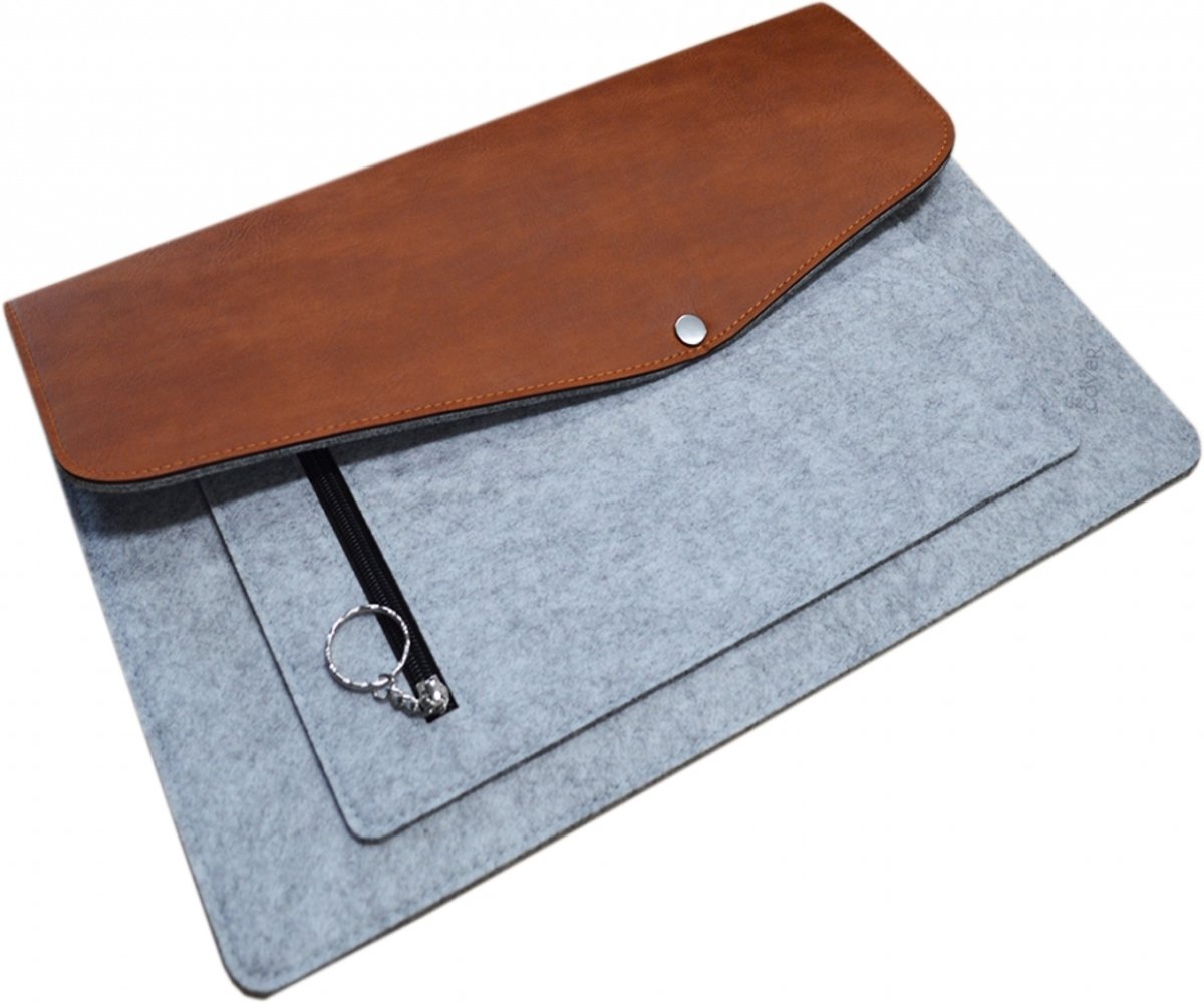 Stevige Laptop Sleeve 15.6 inch (15 inch-15.4 tot 16 inch tas), Vilt & PU leer Laptop sleeve met extra vak