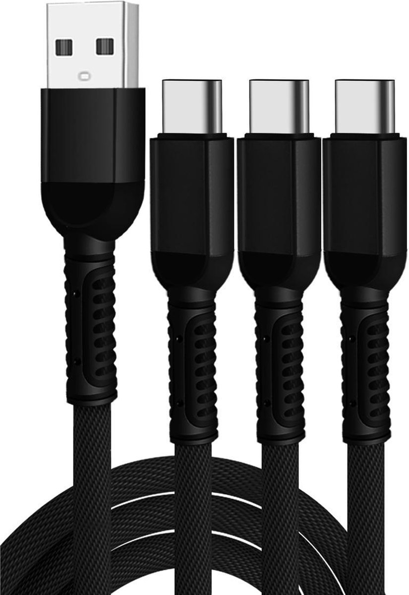 USB Oplaadkabel met 3 USB-C Connectors Kleur Zwart – Voor Android Telefoons en Tablets - Telefoon oplaadkabel -  3 Apparaten Tegenlijk Opladen Met één Kabel!