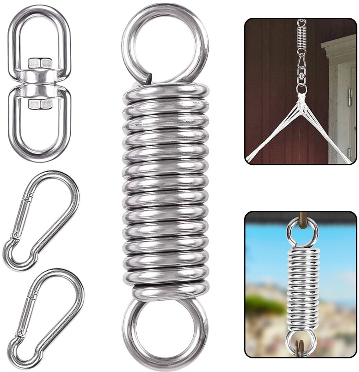 Veergesp - RVS Hangstoel Schommelveer Ophanging Draaibare Haak met Karabijnhaak voor Schommel, Hangstoel, Bokszakken, Yoga, Max. 230 kg
