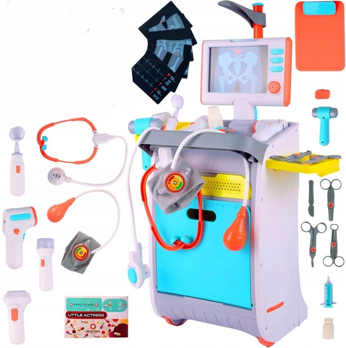 Ilso Uitgebreide Doktersset - ECG trolley - Röntgen - Stethoscoop - Otoscoop - bloeddrukmeter - hartslagsensor - geluid - inclusief batterijen