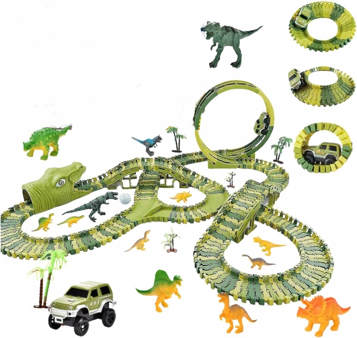Ilso autobaan met dinosaurussen - 230 baan elementen - looping - racebaan jungle - Komt met Jeep en Dinosaurus - met dinos - Eenvoudig te Monteren - inclusief batterijen