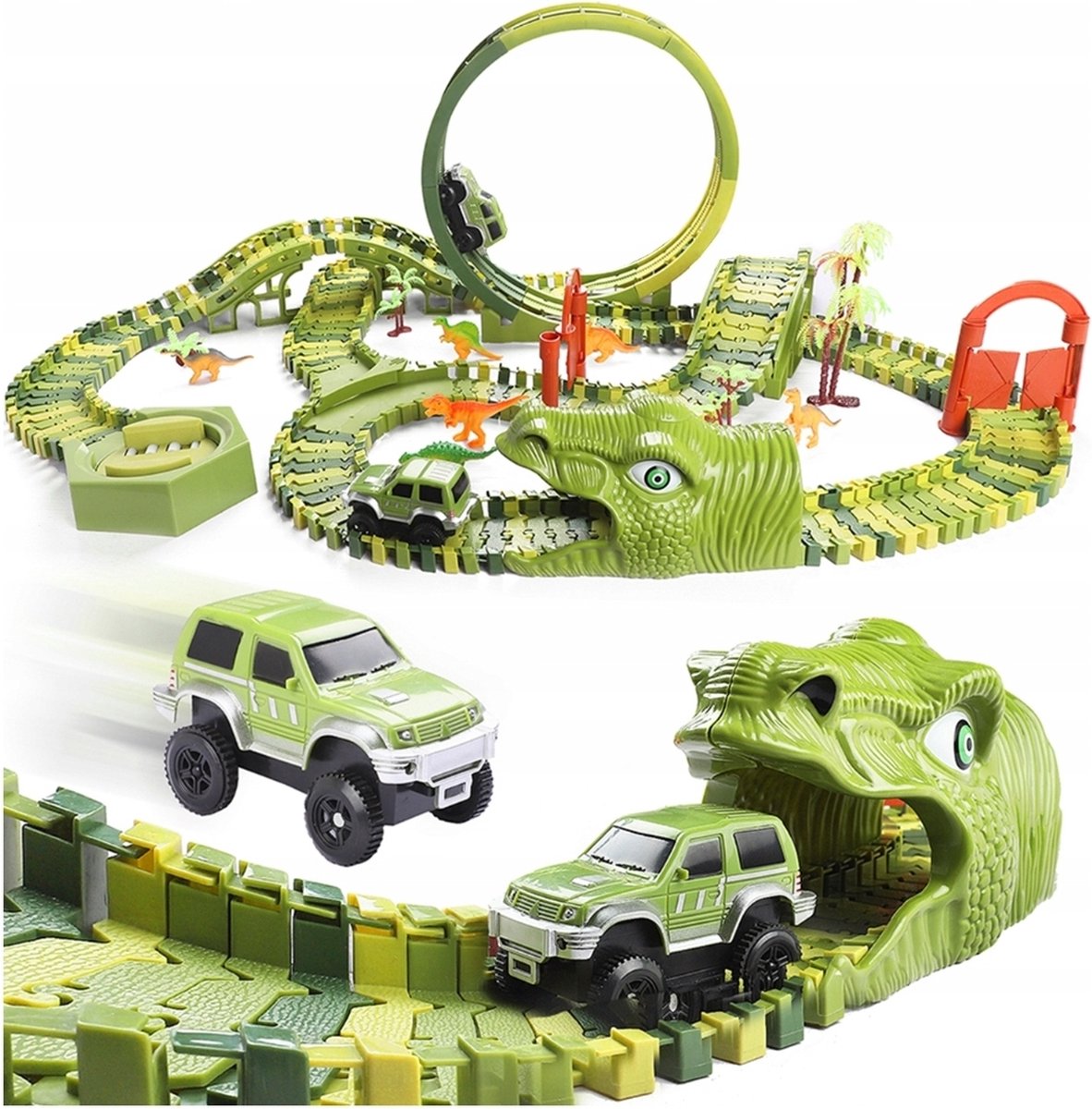 Ilso autobaan met dinosaurussen - 290 baan elementen - looping - racebaan jungle - Komt met Jeep en Dinosaurus - met dinos - Eenvoudig te Monteren - inclusief batterijen