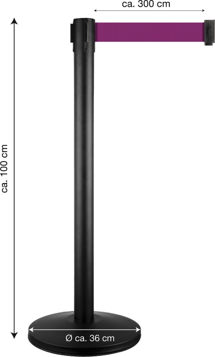   - afzetpaal - zwart staal- lint paars 3 meter - 11 kg - 2 jaar garantie