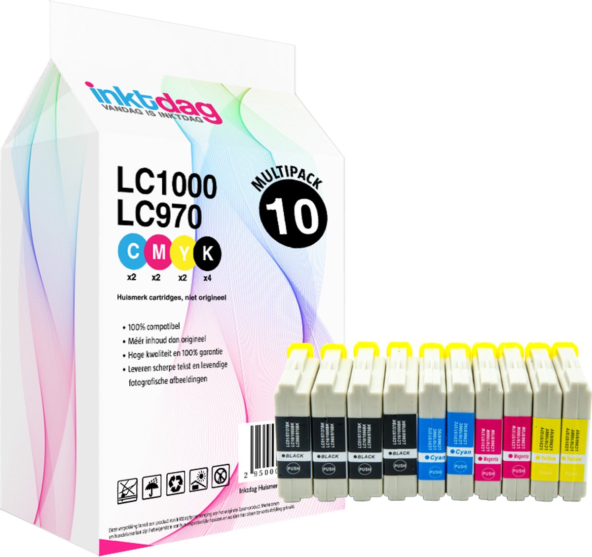 Inktdag Huismerk Brother LC-1000 / Brother LC970 cartridges Multipack van 10 Stuks (4 * LC-1000 BK / LC-970 BK zwart, 2 * LC-1000 C / LC-970 C cyaan, 2 * LC1000 M / LC970 M magenta, 2 * LC1000 Y / LC970 Y geel)