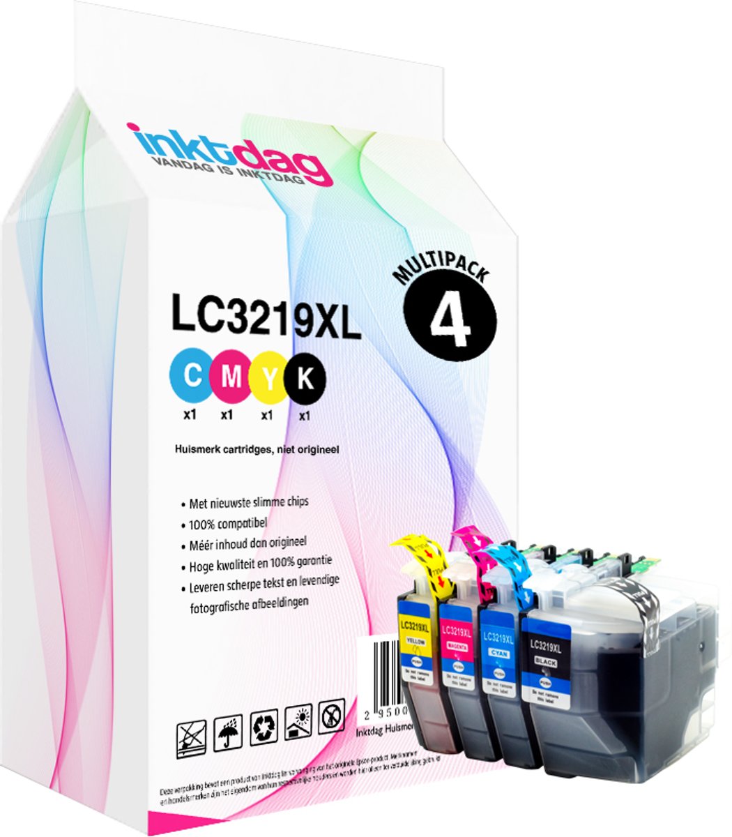 Inktdag Huismerk Brother LC-3219XL Inktcartridge Multipack van 4 Hoge capaciteit pack (1 LC-3219XLBK zwart, 1 LC-3219XLC cyaan, 1 LC-3219XLM magenta, 1 LC-3219XLY geel)