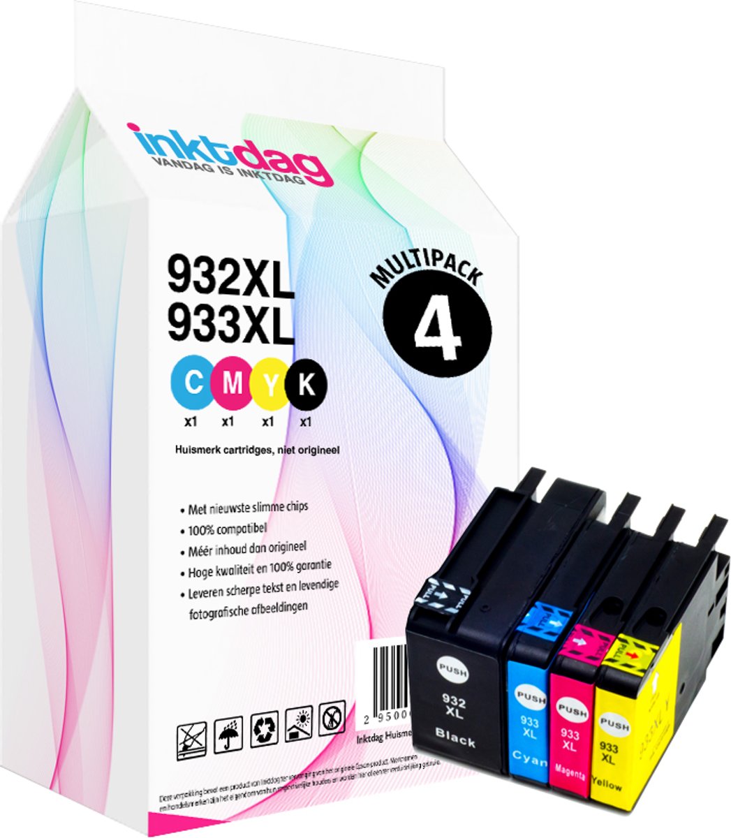 Inktdag Huismerk Compatibel Inktcartridge / Alternatief voor HP 932 XL en 933 XL BK, C, M, Y Multipack Cartridges, Zwart, Cyaan, Magenta, Geel - Hoge Capaciteit - Set 4 Stuks