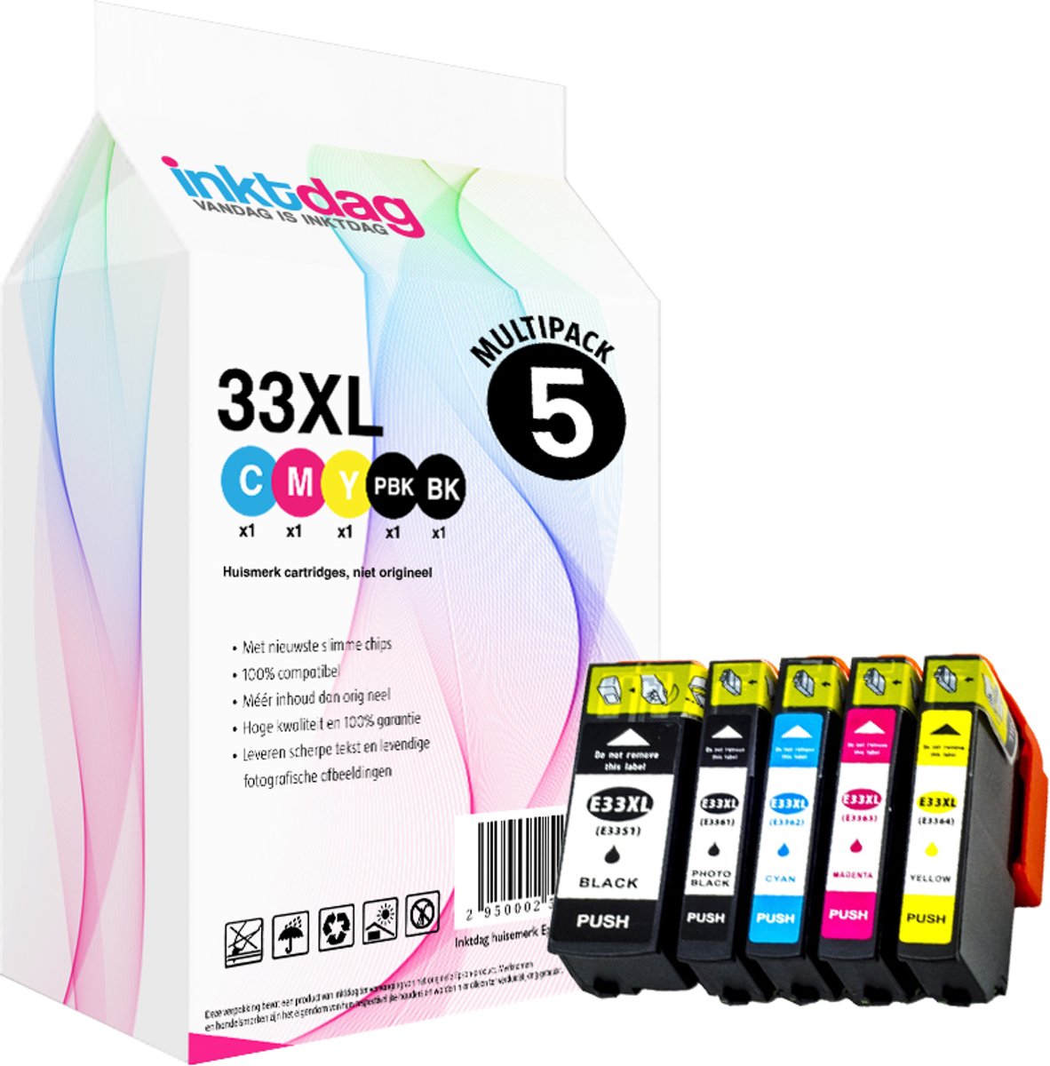 Inktdag huisemerk multipack inktcartridges geschikt voor Epson 33XL (Epson T3357), 5 pack compatibel cartridges (1 * 33XL Zwart, 1 * 33XL Foto-zwart, 1 * 33 XL Cyaan, 1 * 33XL Magenta, 1 * 33 XL Geel)