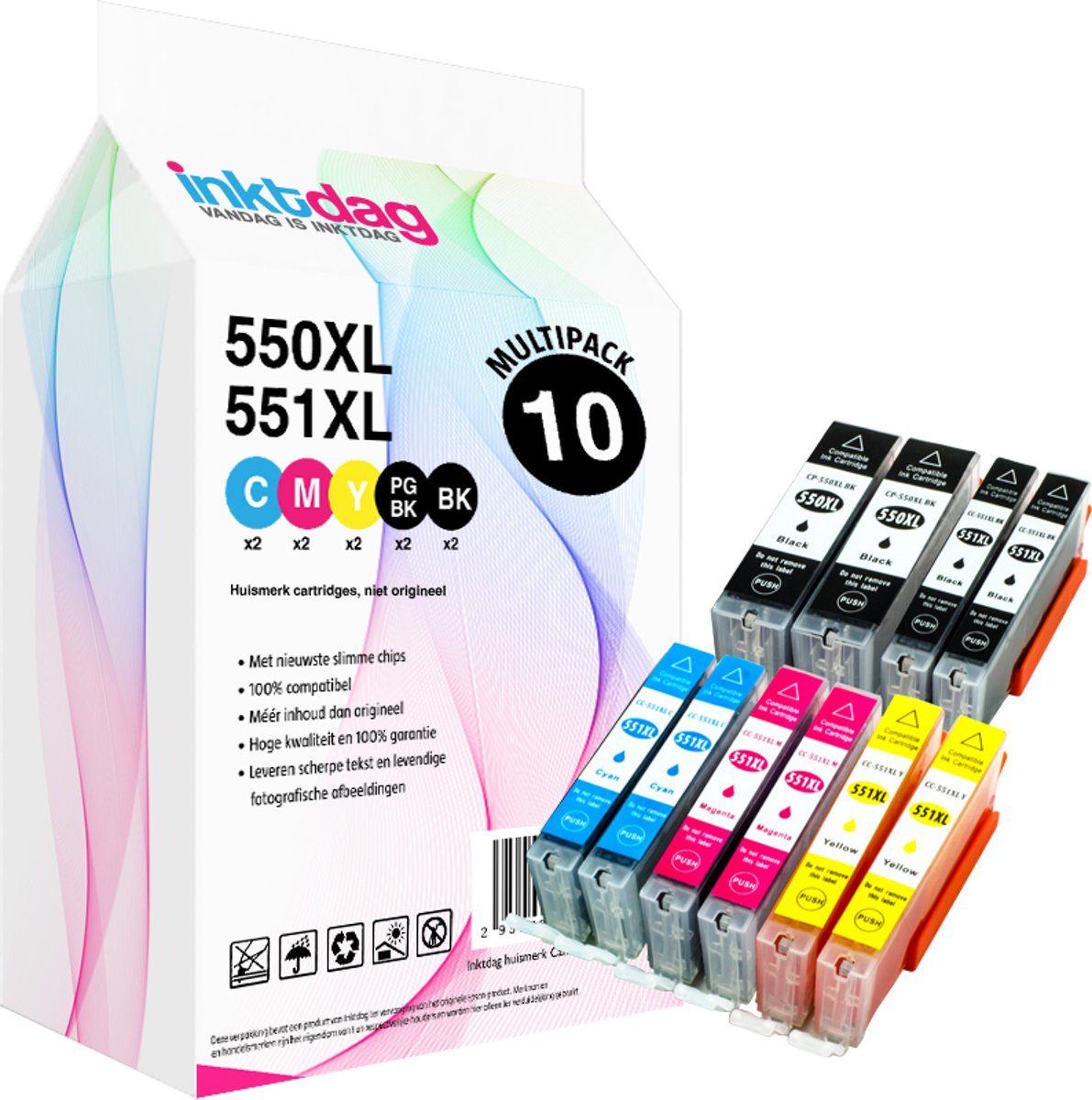 Inktdag huismerk Canon PGI-550XL / CLI-551XL inktcartridge multipack van 10 stuks (2 Canon PGI-550 XL PGBK zwart, 2 Canon CLI551XL BK zwart, 2 Canon CLI-551 XL cyaan, 2 Canon CLI-551XL M magenta, 2 Canon CLI551 XL Y geel), met chip