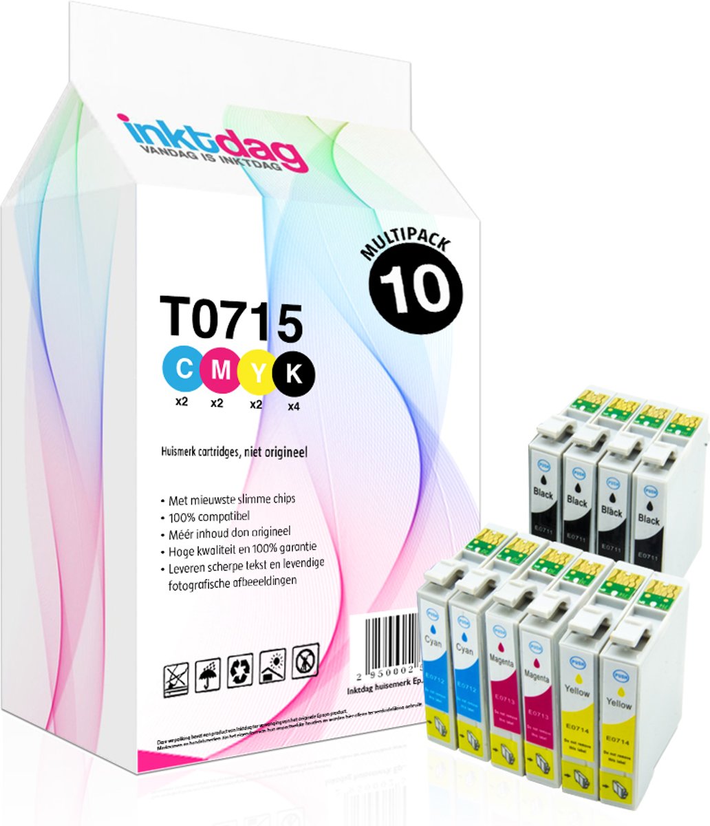 Inktdag huismerk Epson T0715 Multipack inktcartridges, 10 pack (4 zwart, 2 cyaan, 2 magenta, 2 geel)