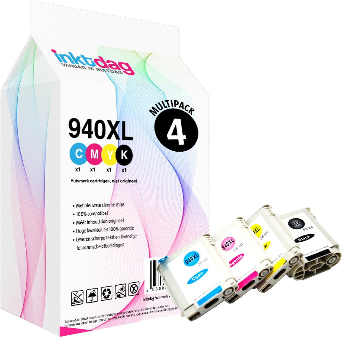 Inktdag huismerk HP 940 XL cartridges multipack Hoge capaciteit, 4 pack compatible inktcartridge ( 1 HP 940XL Zwart, 1 HP 940XL Cyaan, 1 HP 940XL Magenta, 1 HP 940XL Geel )