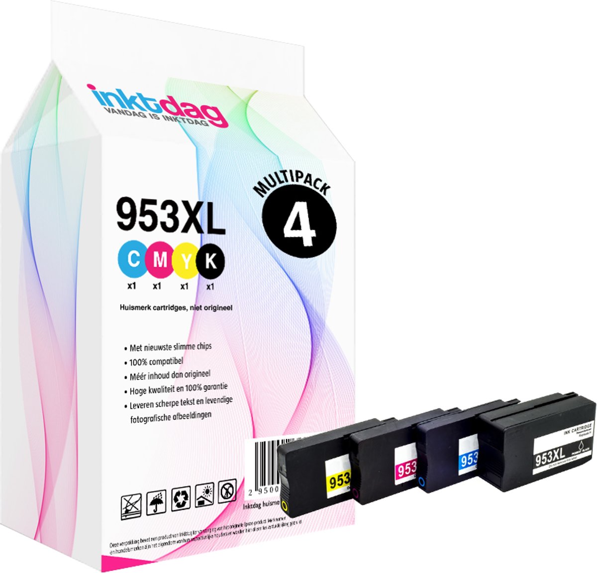 Inktdag huismerk HP 953XL cartridge multipack Hoge capaciteit, 4 pack compatible inktcartridge ( 1 HP 953 XL Zwart, 1 HP 953 XL Cyaan, 1 HP 953 XL Magenta, 1 HP 953 XL Geel )