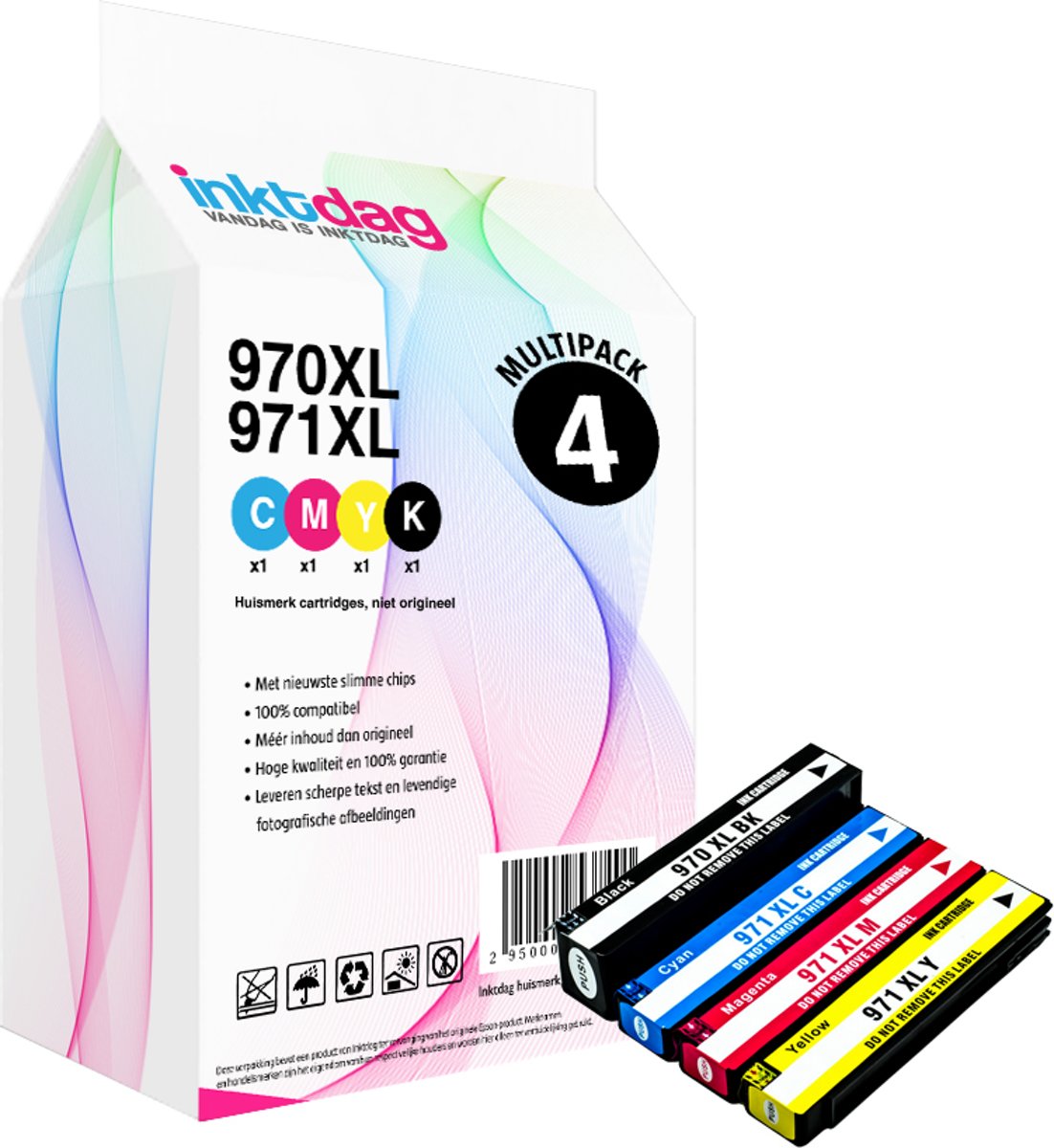 Inktdag huismerk HP 970 XL en HP 971 XL inktcartridge multipack hoge capaciteit, 4 pack cartridge ( 1 HP 970XL Zwart, 1 HP 971XL Cyaan, 1 HP 971XL Magenta, 1 HP 971 XL Geel )