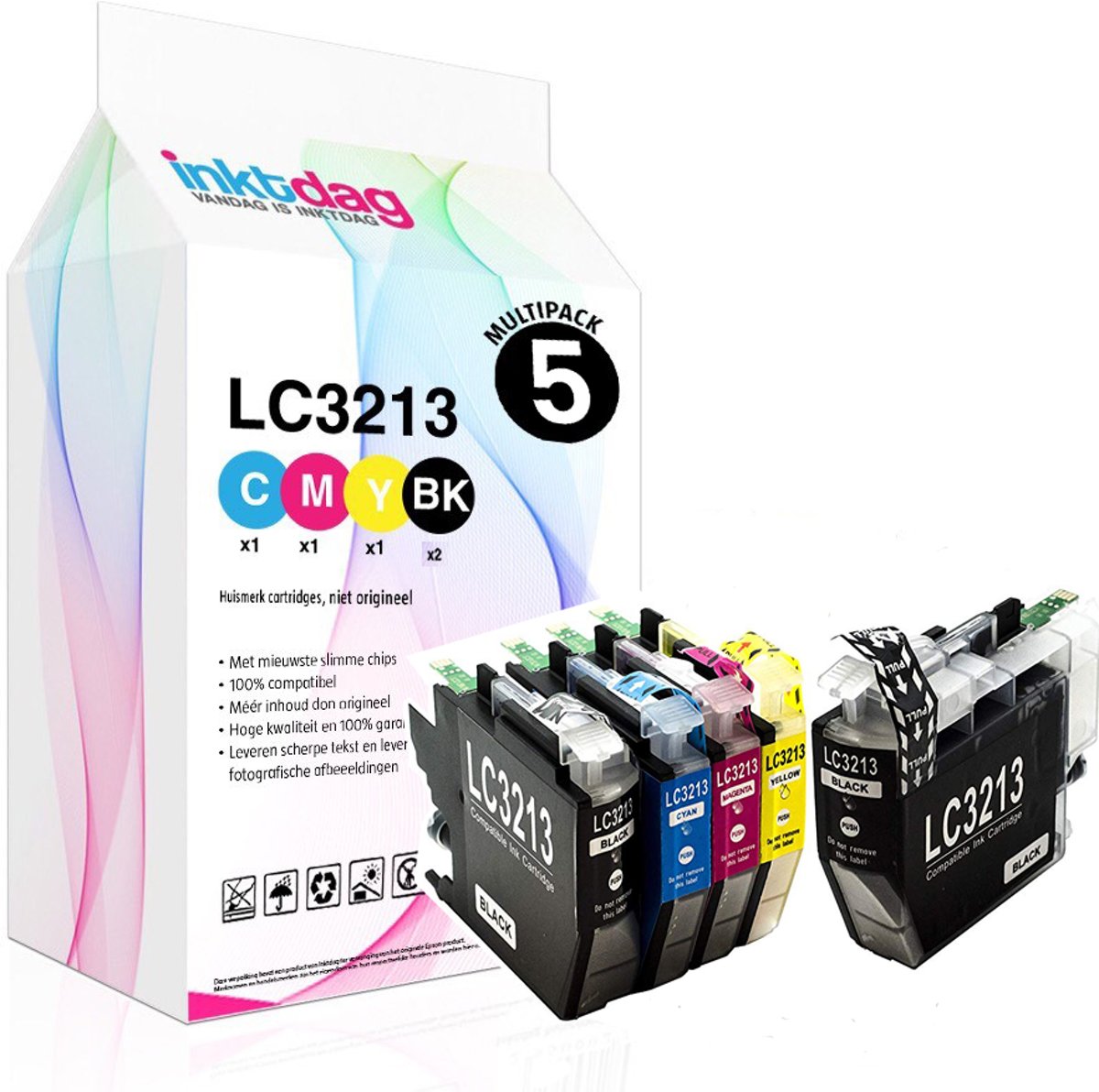 Inktdag inktcartridges voor Brother LC3213 XL/LC-3213XL/3213XL, multipack van 5 kleuren (2*BK, C, M en Y)