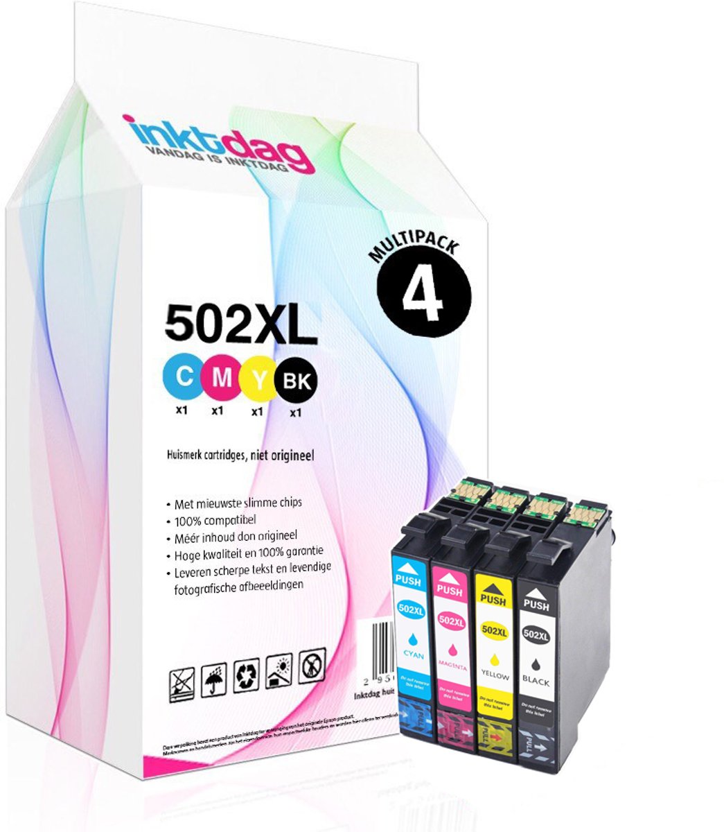 Inktdag inktcartridges voor Epson 502 XL, multipack van 4 kleuren (1*zwart, 1*C/M/Y)