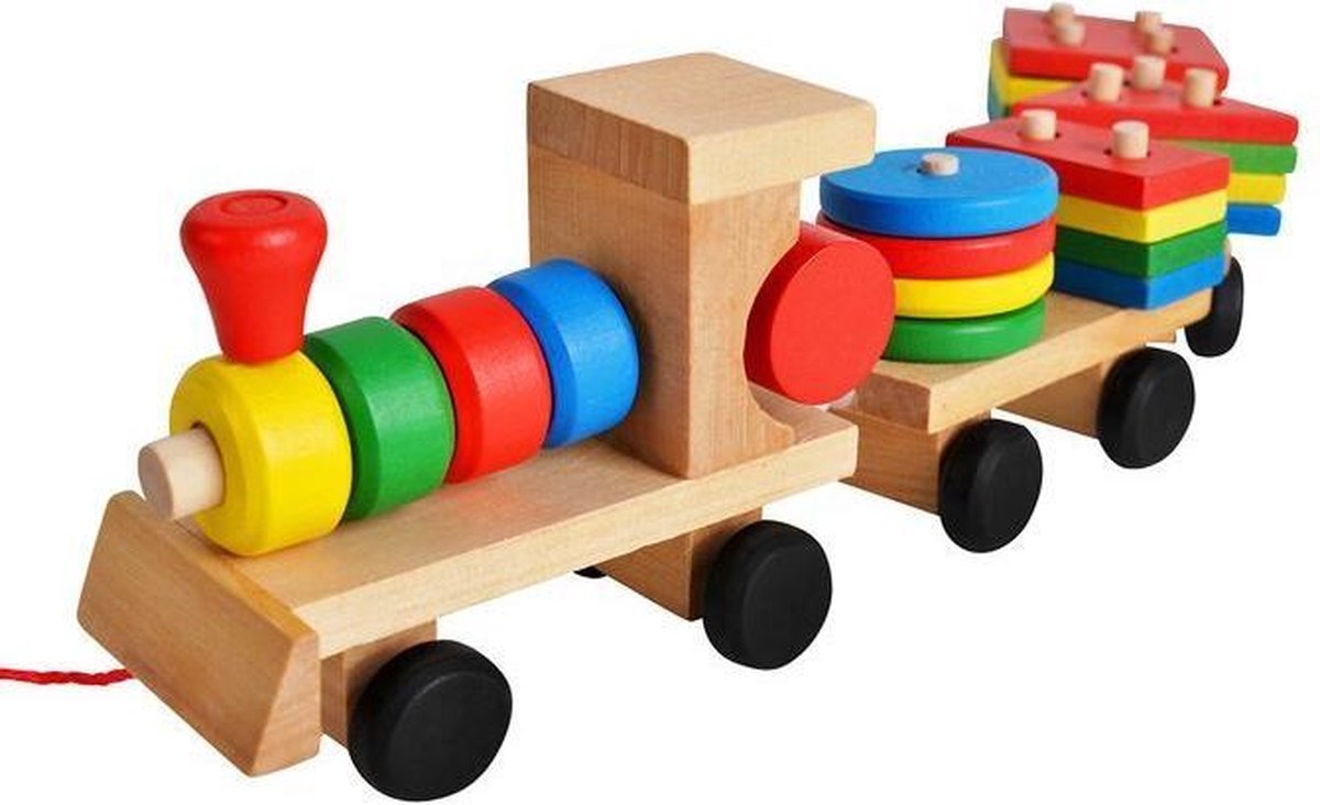 Houten Trein met vormpjes en blokjes. Educatief