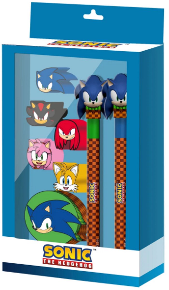 Karactermania - Sonic The Hedgehog Greenhill Sonic-Pack van Uitwisbare Gelpen + Eeuwige Potlood + 5 Gommen + Puntenslijper. Bruin