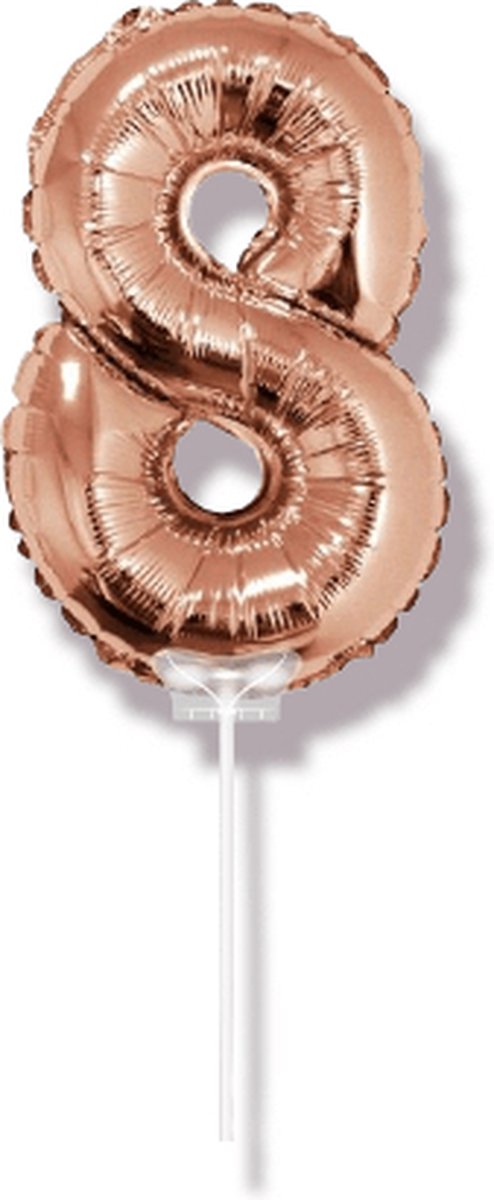 Folieballon Cijfer 8 36cm op stokje roze goud