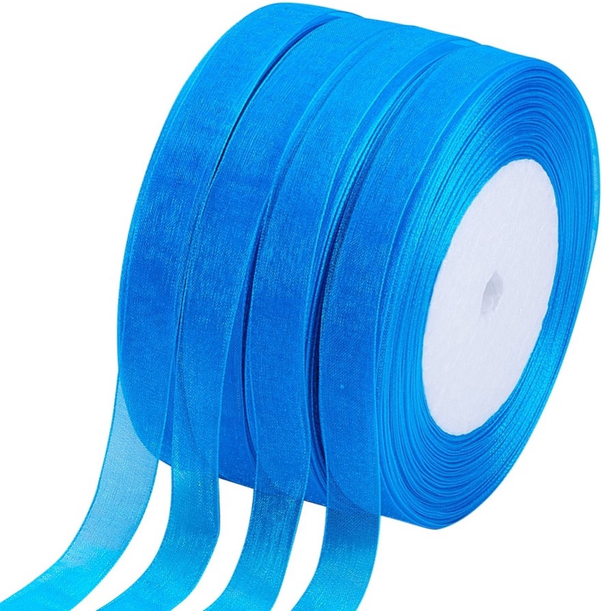 Organza lint, middenblauw, 12mm breed. Verkocht per rol van 50 yard = 45,72 meter