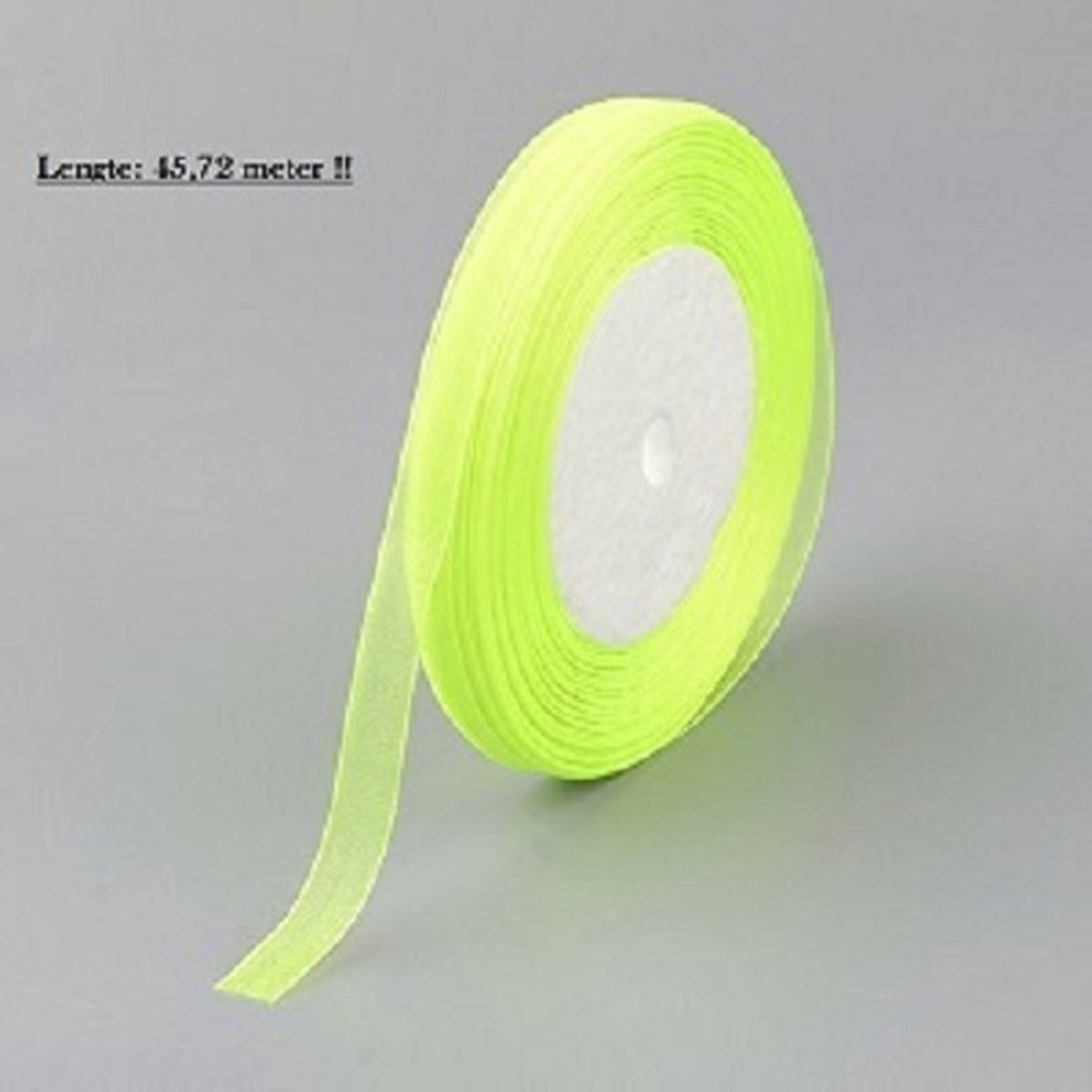 Organza lint, neon geel, 12mm breed. Verkocht per rol van 50 yard = 45,72 meter