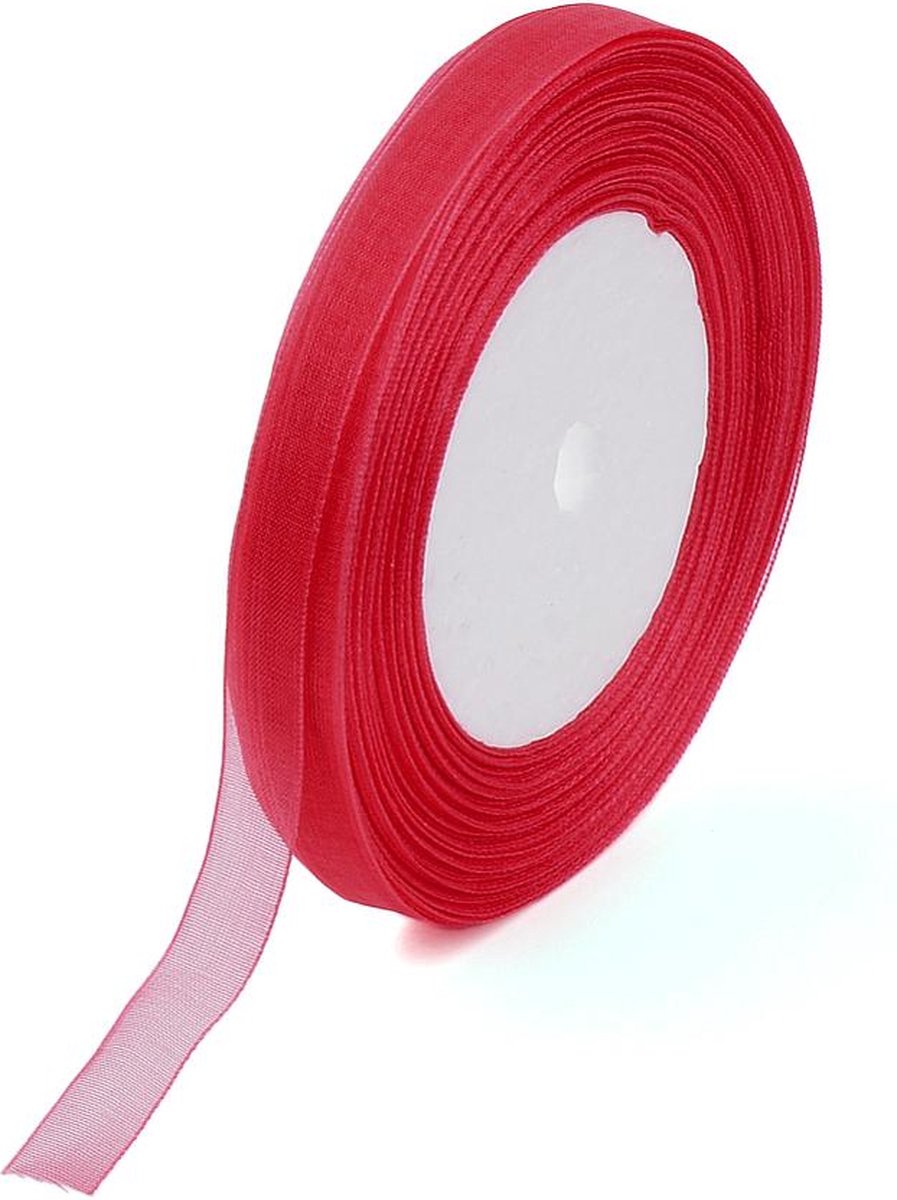 Organza lint, rood, 15mm breed. Verkocht per rol van 50 yard = 45,72 meter.