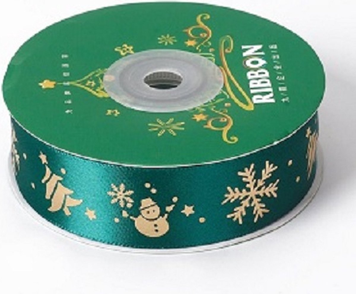 Satijnen Kerst-lint, groen met goud opdruk, 25mm breed. Rol van 25 yard = 22,86 meter.