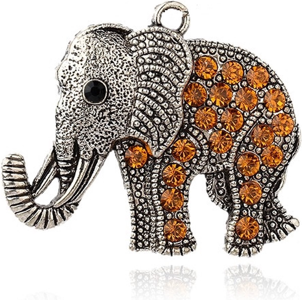 Zilverplated grote hanger van olifant (43x51x5,5mm) met kristal in de Swarovski-kleur topaz. Verkocht per stuk