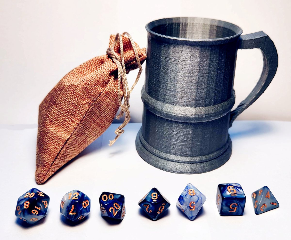 larpcenter.nl - DnD dice set - middeleeuwse gezelschaps set - DnD dobbelstenen - blauw wit met shaker - Dungeons and Dragons - dobbelstenen