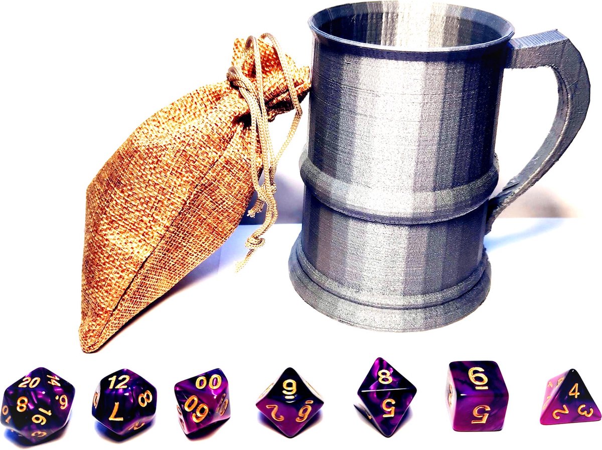 larpcenter.nl - DnD dice set -  middeleeuwse gezelschaps set - DnD dobbelstenen - paars zwart met shaker - Dungeons and Dragons - dobbelstenen