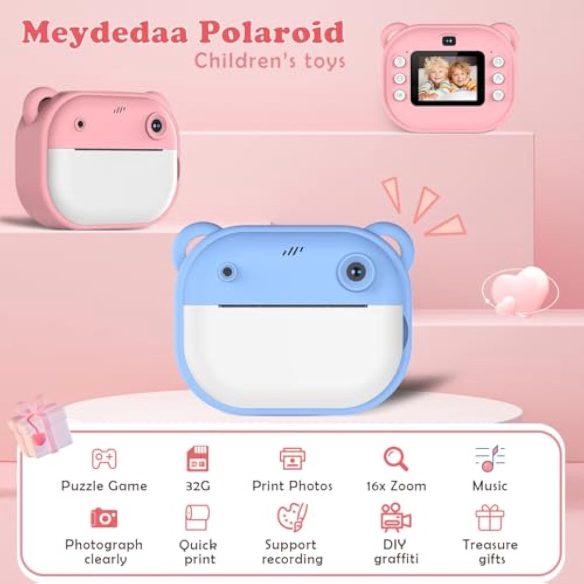 Instant printcamera voor kinderen, kerstverjaardagscadeau voor meisjes van 3-12 jongens, digitale camera voor kinderen, instant camera voor kinderen met 2 inch scherm, 1080P printcamera voor peuters