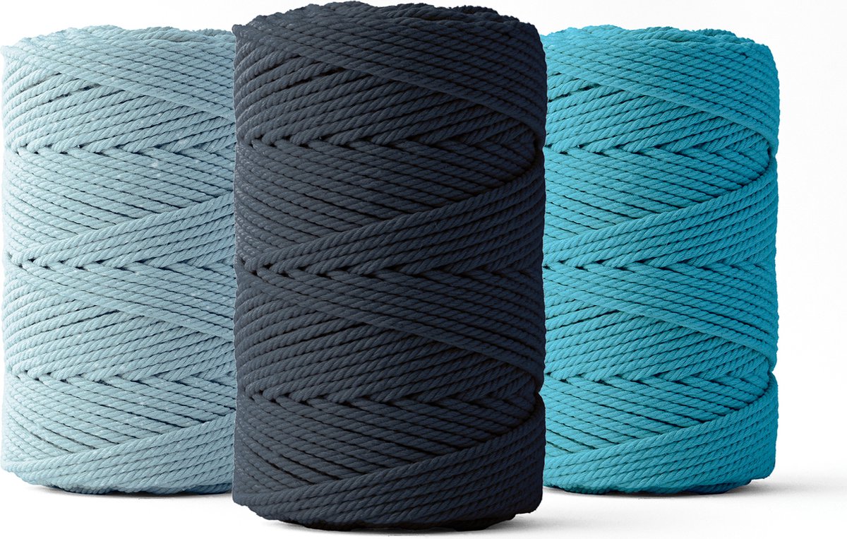 Ledent macramé touw, dubbel getwist (2mm, 3 x 70M) - 100% geregenereerd katoengaren - Macramé touw in donkerblauw, lichtblauw & turquoise om mee te knutselen.