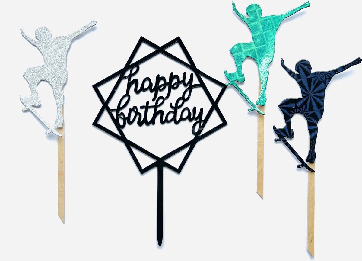 Skateboard Skater Happy birthday taart vlag - taart topper - taart decoratie - verjaardag versiering - prikkers met versiering - taartversiering