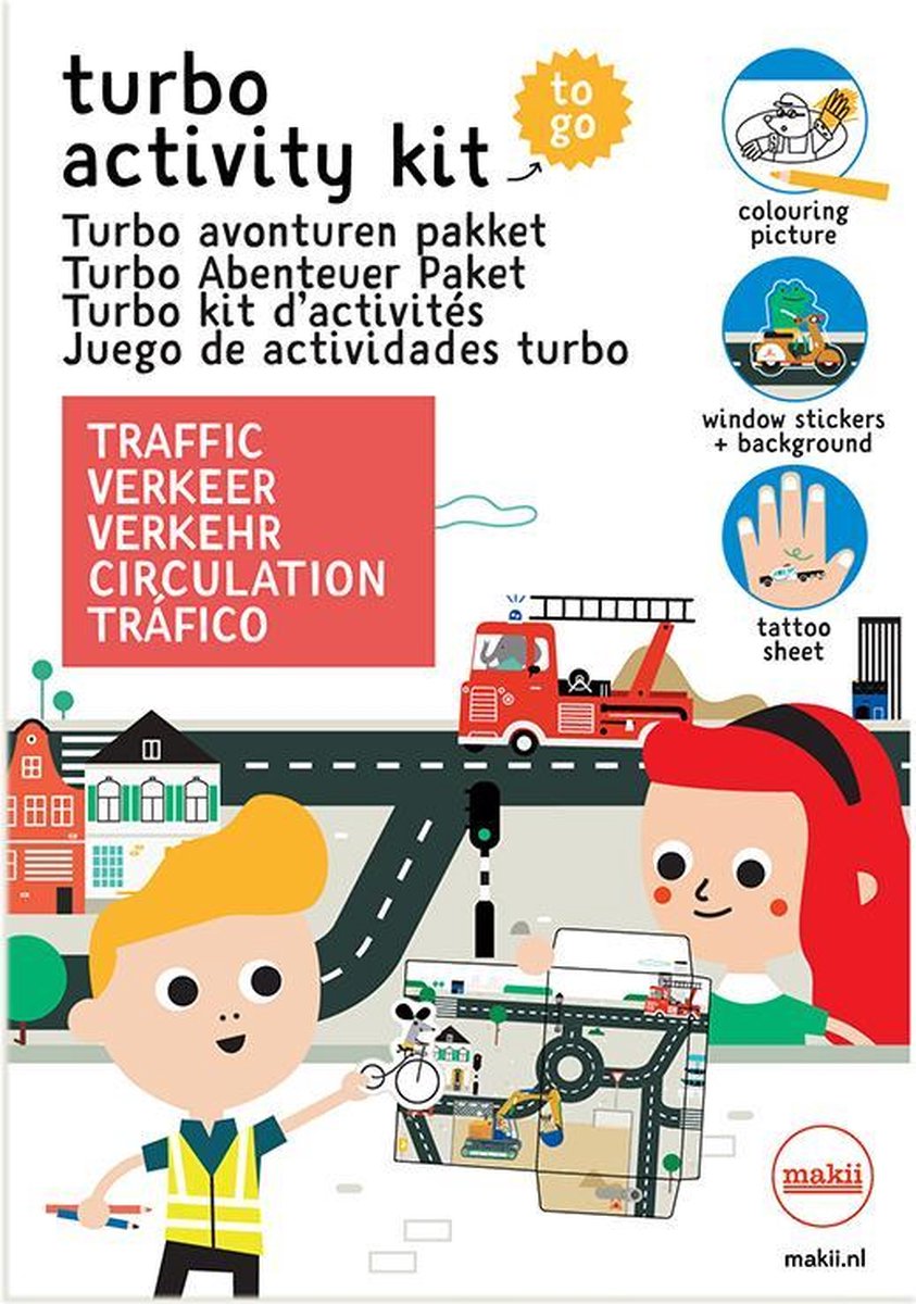 Turbo Avonturen Pakket thema VERKEER (Kleurplaat/Raamstickers/Tattoo vel)