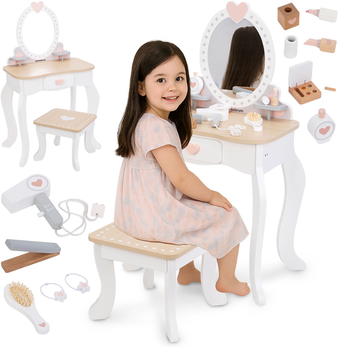 Mamabrum Makeup Dreeser - Houten make-up schuilplaats voor meisjes - Kaptafel, parfum, nagellak, borstel, haarelastiekjes en kaptafel, make-upstation voor meisjes, make-upspiegel voor meisjes