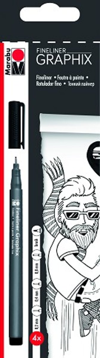 Fineliner Zwart 4p. - (4 punten : 0 2mm 0 4mm 0 8mm penseelpunt)