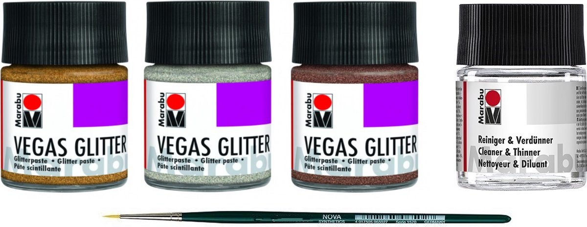 Set 100 - Marabu - 3x Vegas glitter acrylverf 50ml - Reiniger - penseel