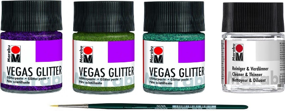 Set 101 - Marabu - acrylver - 3x Vegas glitter 50ml - Reiniger - penseel