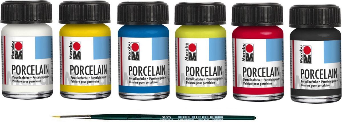 Set 5 - Marabu - Acrylverf - Porcelein - 6 x 15ml incl. Ruan penseel