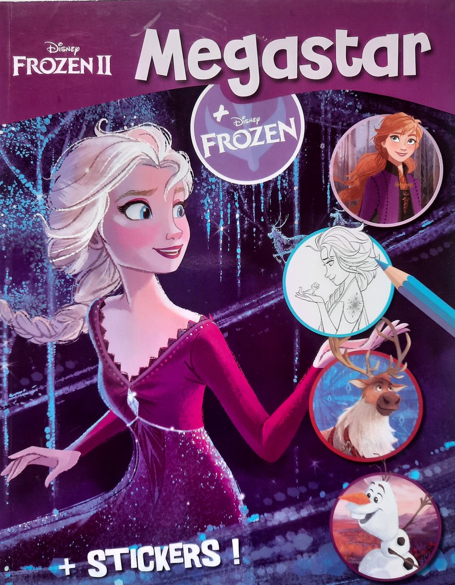 Disney Frozen II kleurboek met stickers - kleurplaten van Anna Elsa Olaf en anderen - paars