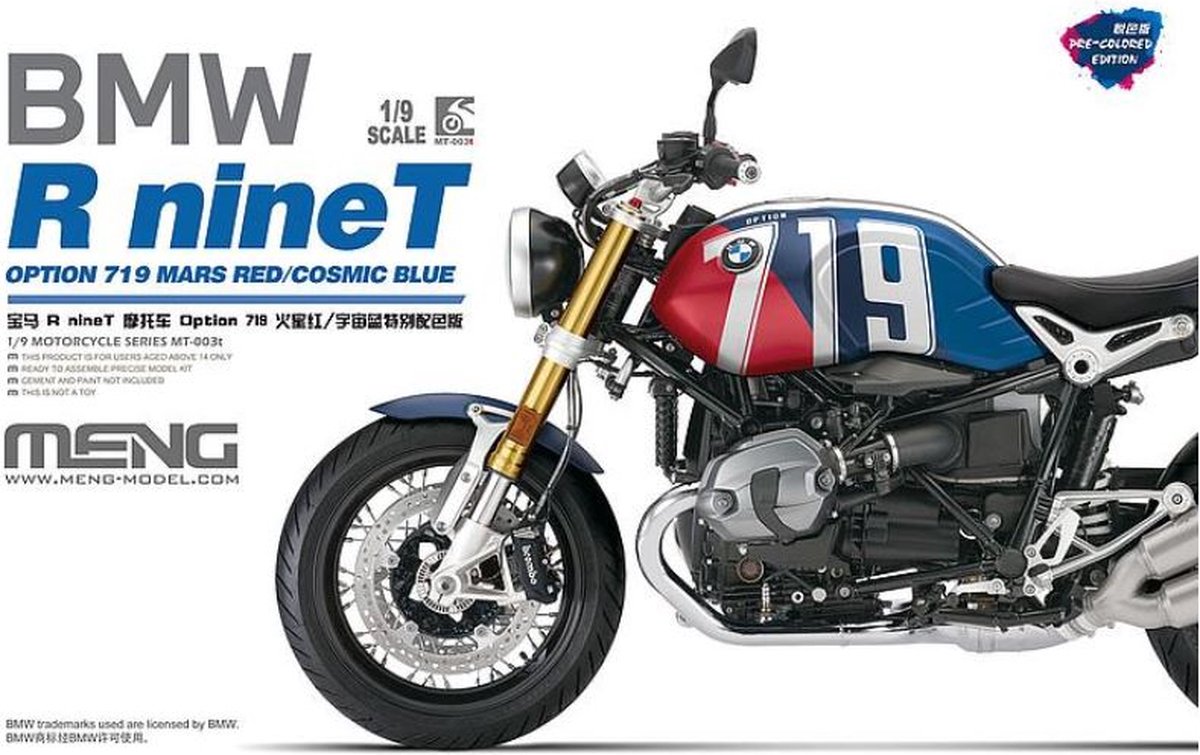 1:9 MENG MT003T BMW R Nine T - Pre Colored - Mars Red/Cosmic Blue Plastic kit