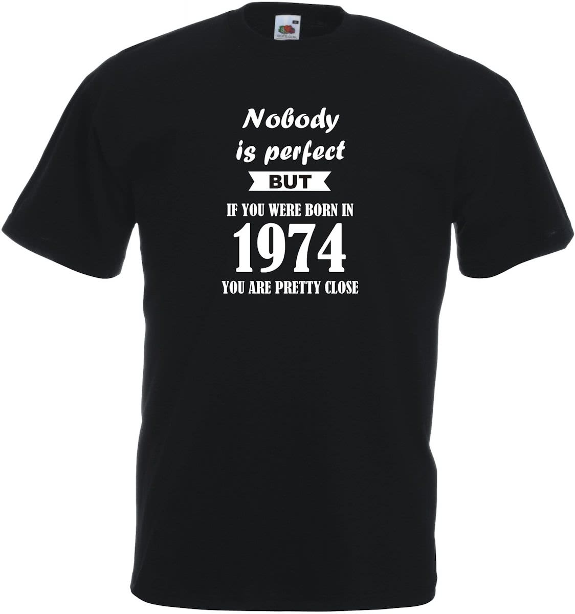 Mijncadeautje - Unisex T-shirt - Nobody is perfect - geboortejaar 1974 - zwart - maat M