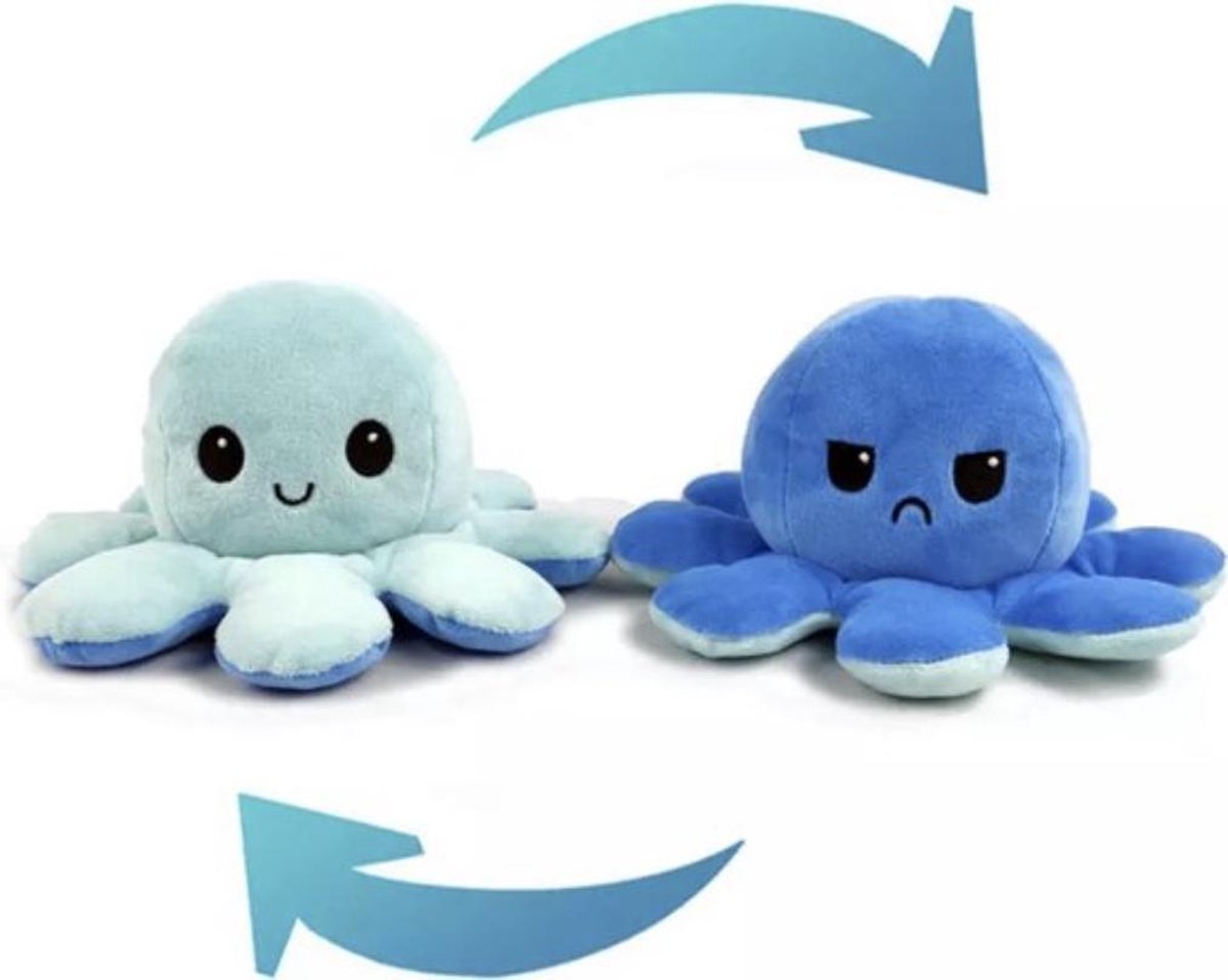 Blauwe Octopus knuffel - Octopus knuffel mood - octopus knuffel omkeerbaar - emotieknuffel - mood knuffel