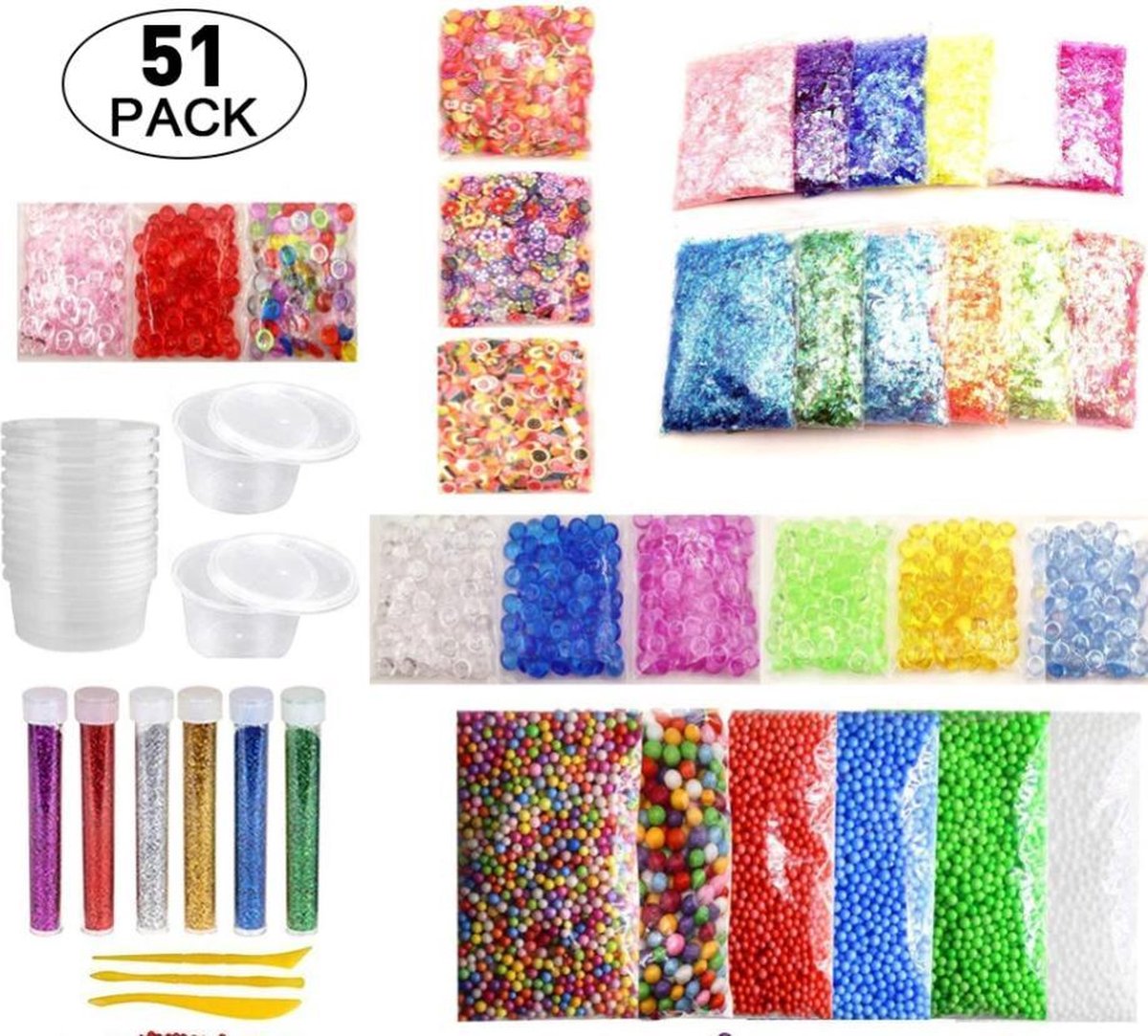 DIY slijm maken - 51 pack slime kit - Kleurrijke Schuim Bal Korrels Platte Kralen Goud Poeder Snoep Papier Polymeer Klei Set kinderen