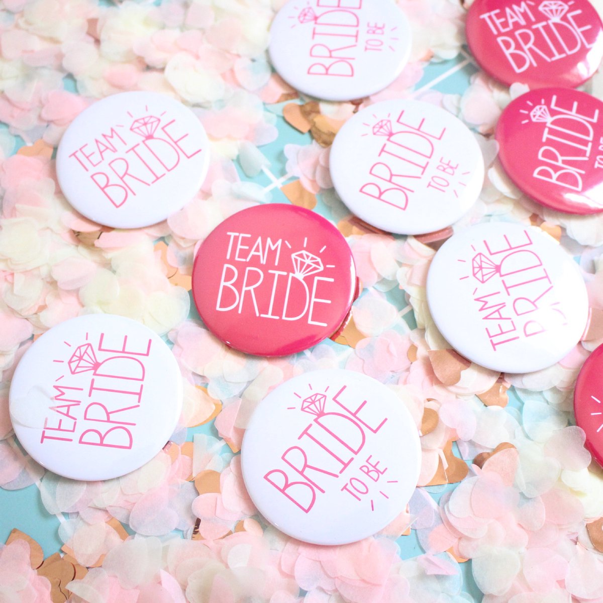 6x Team Bride buttons plus 1x Bride to Be button