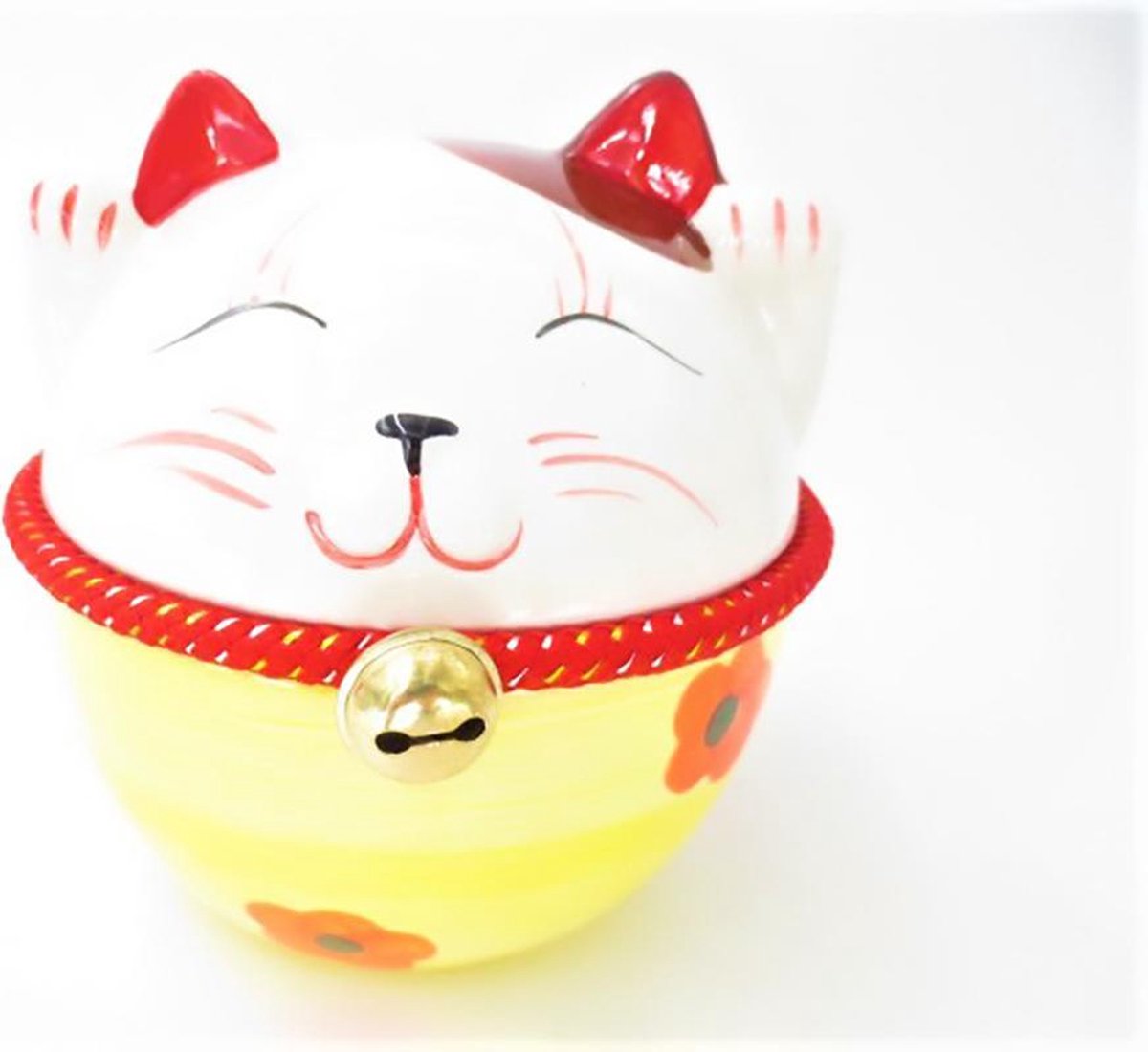 Dikke lucky cat spaarpot met bel groot geel - 15cm - NatuurDirect