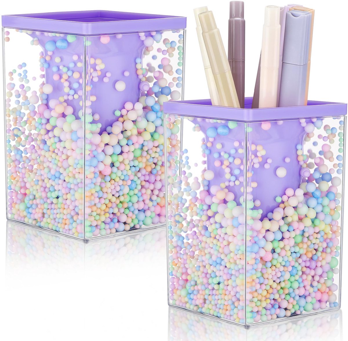 2 schattige vierkante penhouders, multifunctionele bureaubladorganisator, kawaii kantoorontwerpen met bubbels, bureaubladaccessoires, briefpapier, make-up borstelhouder met bubbelballen, paars
