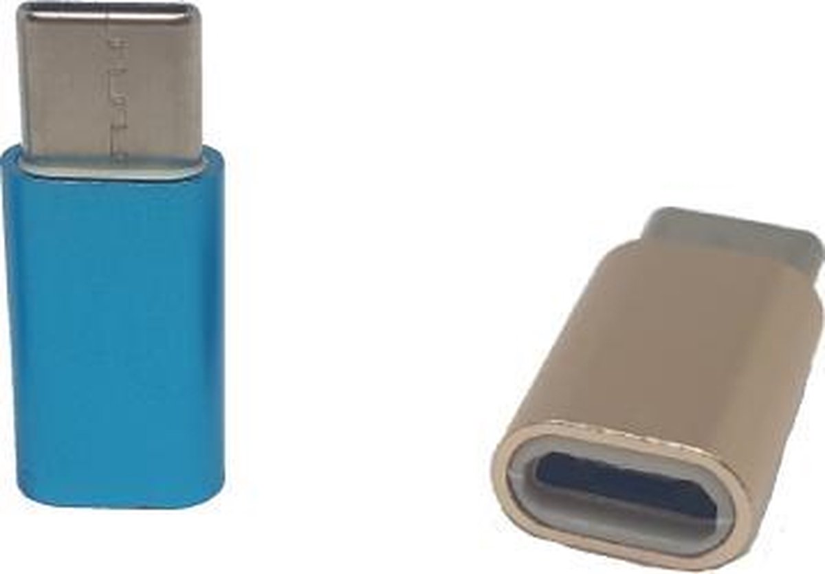 Set van 2 Verloop Adapter MICRO USB-adapter naar USB-C – Nieuw Model - Opzetstuk - Micro-USB to USB C Converter – Blauw + Goud - oDaani