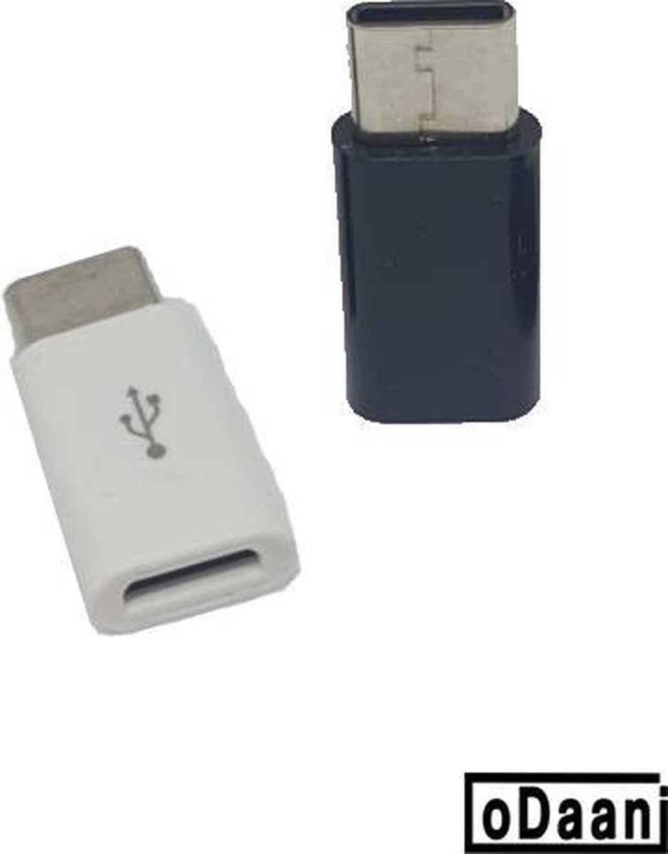 Set van 2 verloop adapter MICRO USB-adapter naar USB-C - Opzetstuk - Micro-USB to USB C Converter – Wit + Zwart - oDaani