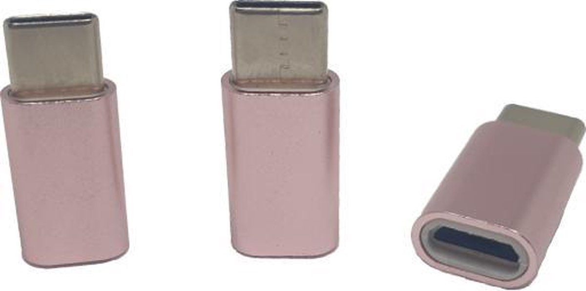 Set van 3 Verloop Adapter MICRO USB-adapter naar USB-C – Nieuw Model - Opzetstuk - Micro-USB to USB C Converter - Roze - oDaani