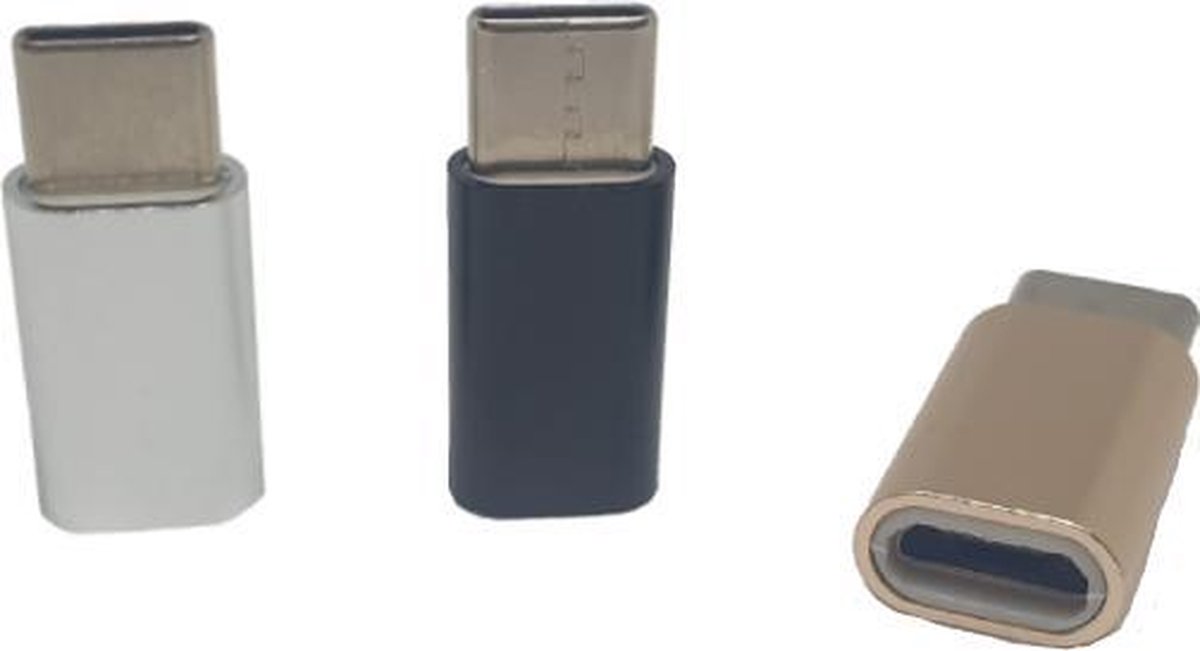 Set van 3 Verloop Adapter MICRO USB-adapter naar USB-C – Nieuw Model - Opzetstuk - Micro-USB to USB C Converter – Goud + Zwart + Zilver - oDaani