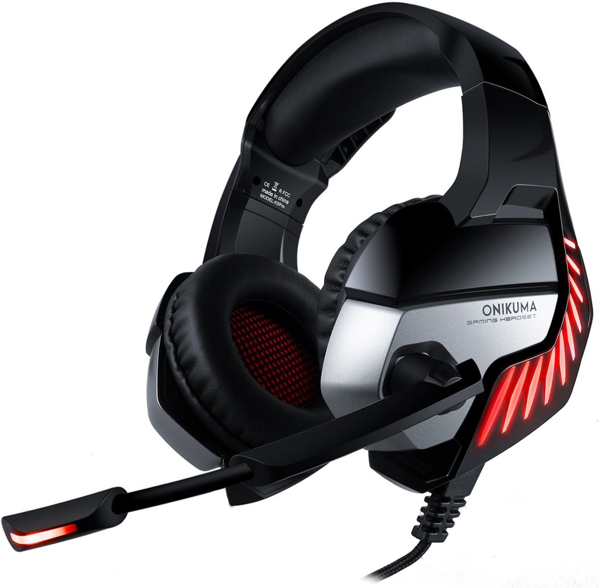 ONIKUMA K5PRO - Gaming headset met verstelbare microfoon, LEDs (via USB), 1 x 3,5 mm-aansluiting en 50mm element, bedraad – zwart, rood